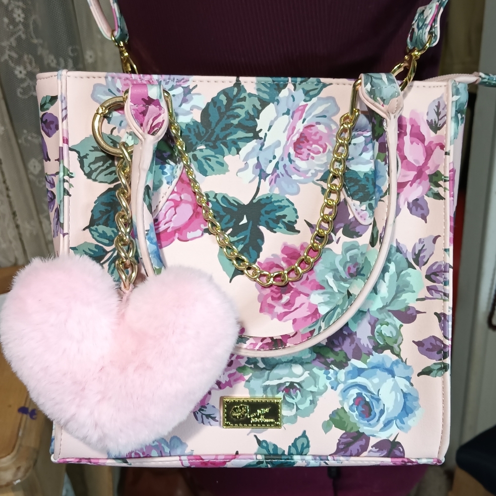 Betsy Johnson Floral satchel w/heart puff keychain